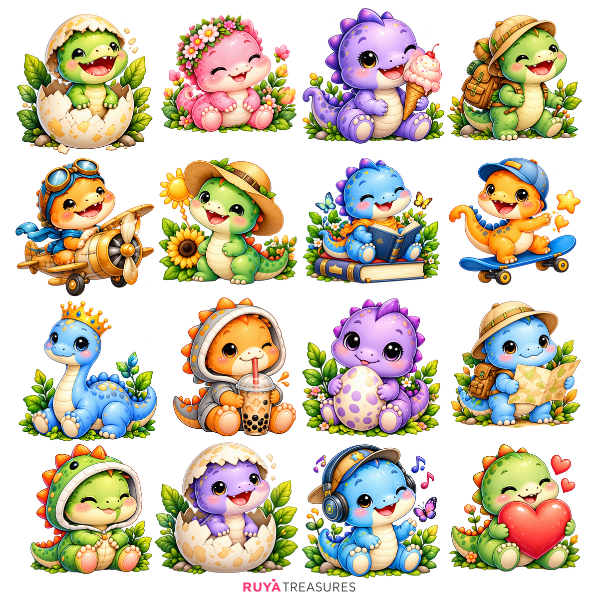 Cute dinosaur clipart collection with adorable baby dinos in colorful themed scenes, designed for sublimation, printables, stickers, party crafts, and nursery projects.