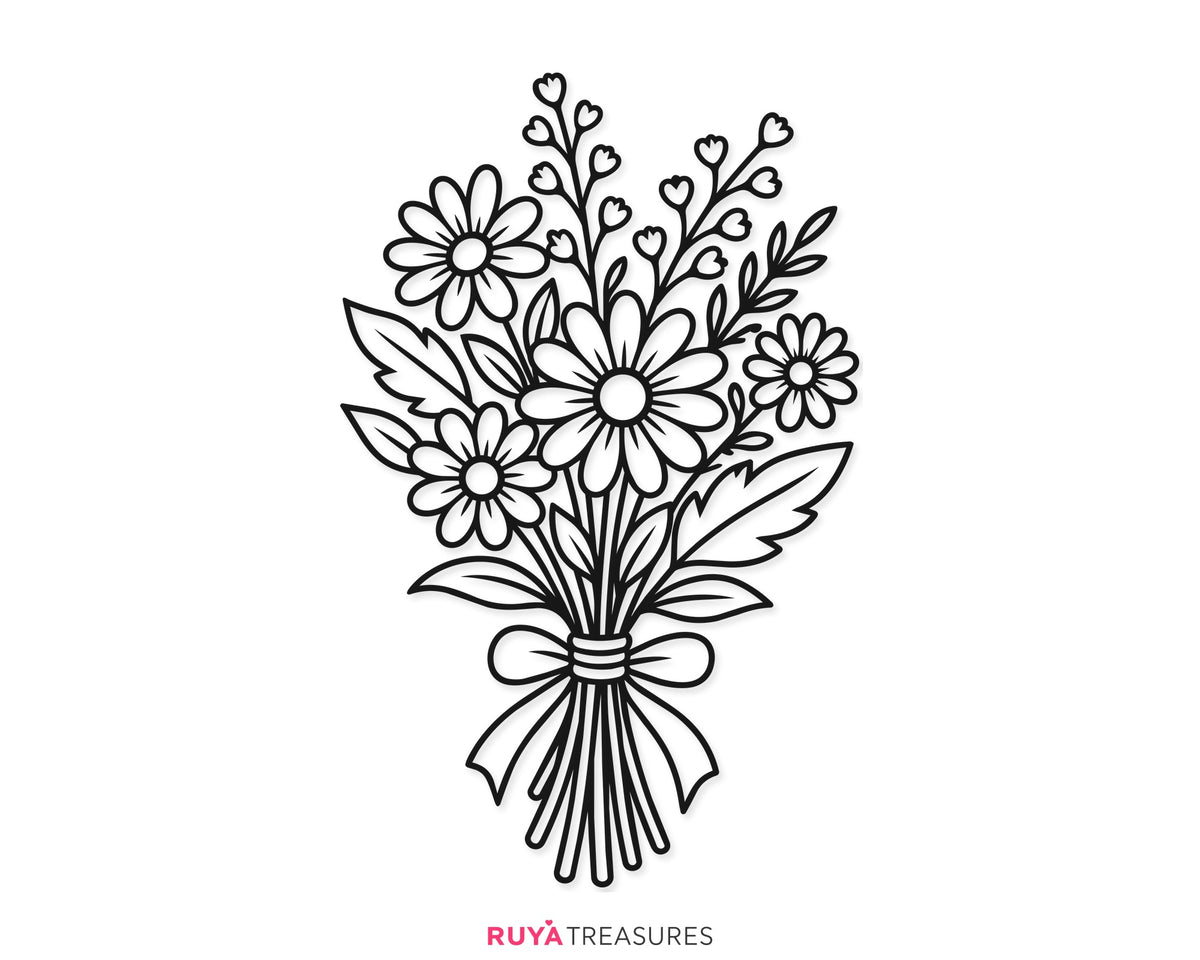 Daisy bouquet SVG, hand-tied floral arrangement with daisies, wildflower sprigs, leaves, and a bow, flower lovers, shirts, signs, and craft projects.