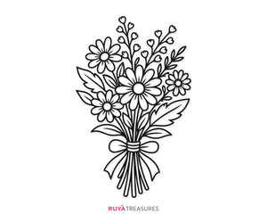Daisy bouquet SVG, hand-tied floral arrangement with daisies, wildflower sprigs, leaves, and a bow, flower lovers, shirts, signs, and craft projects.