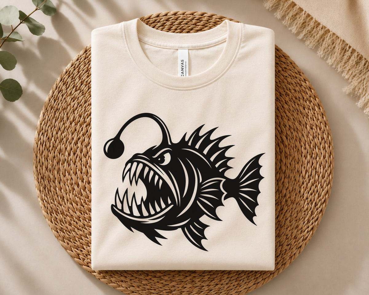 Angler fish cut file with bold black silhouette styling, oversized teeth, deep sea fins, and lure, ideal for ocean decor, apparel, decals, and DIY projects.