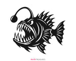 Deep sea anglerfish SVG PNG featuring a fierce fish with sharp teeth, spiny fins, large tail, and glowing lure for shirts, decals, printables, and crafts.