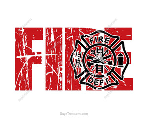 distressed fire dept firefighter design with bold fire text and badge for shirts decals and gifts