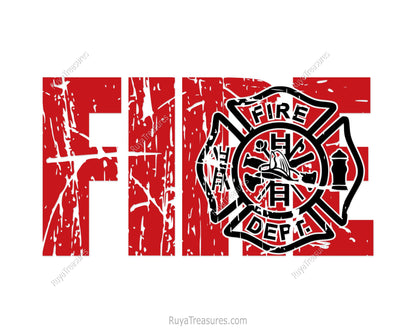 distressed fire dept firefighter design with bold fire text and badge for shirts decals and gifts