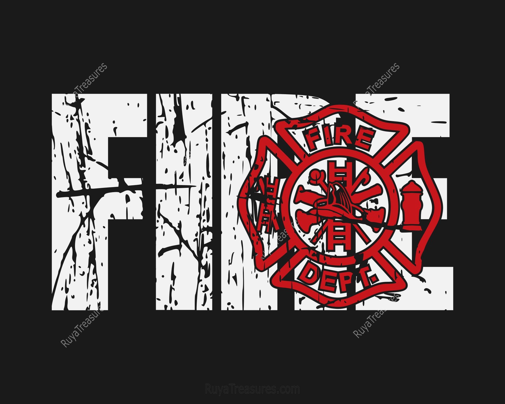 distressed fire dept firefighter design with bold fire text and badge for shirts decals and gifts