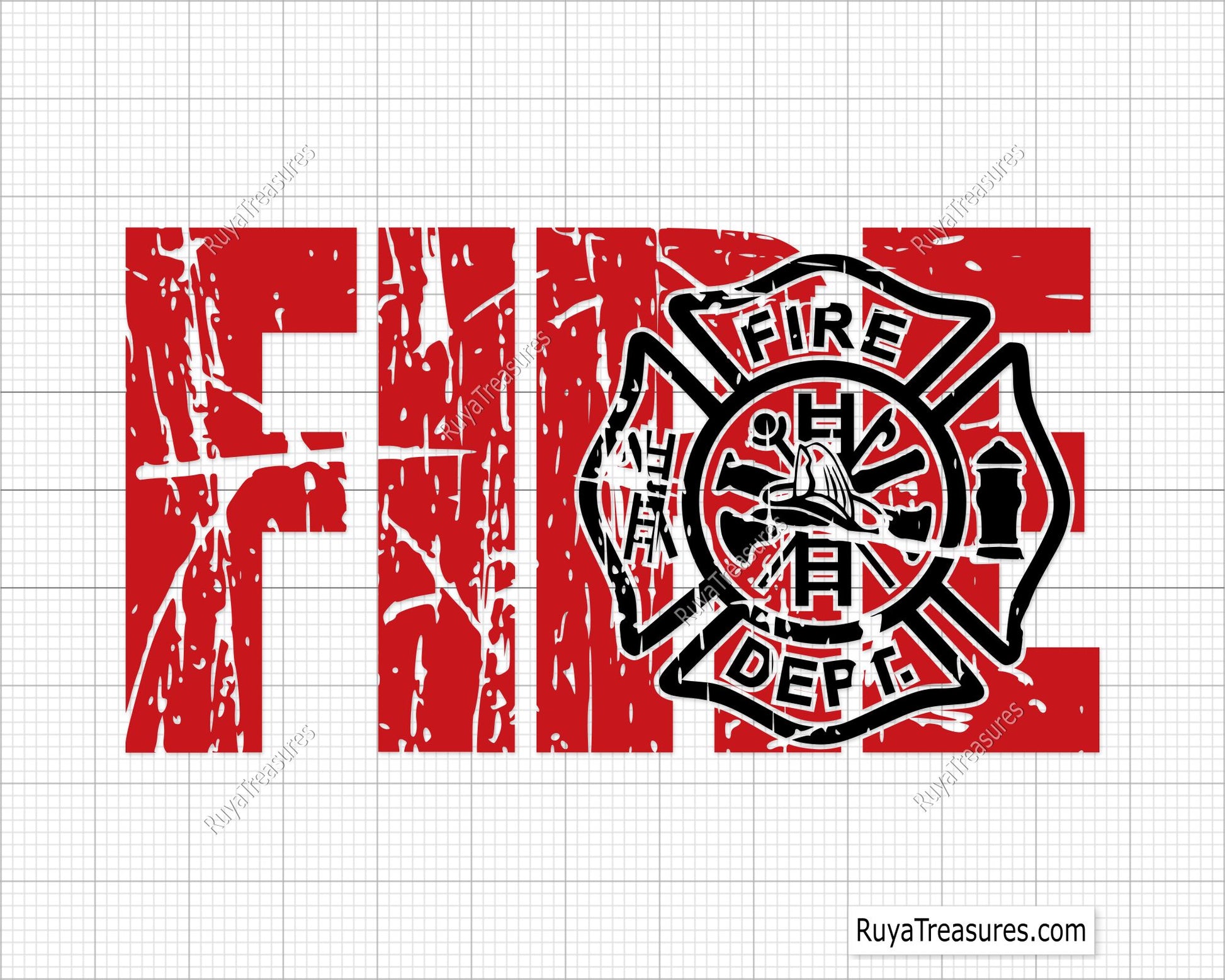 distressed fire dept firefighter design with bold fire text and badge for shirts decals and gifts