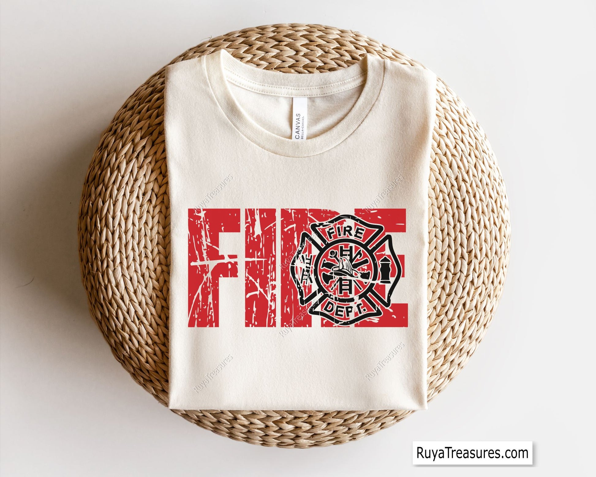 distressed fire dept firefighter design with bold fire text and badge for shirts decals and gifts
