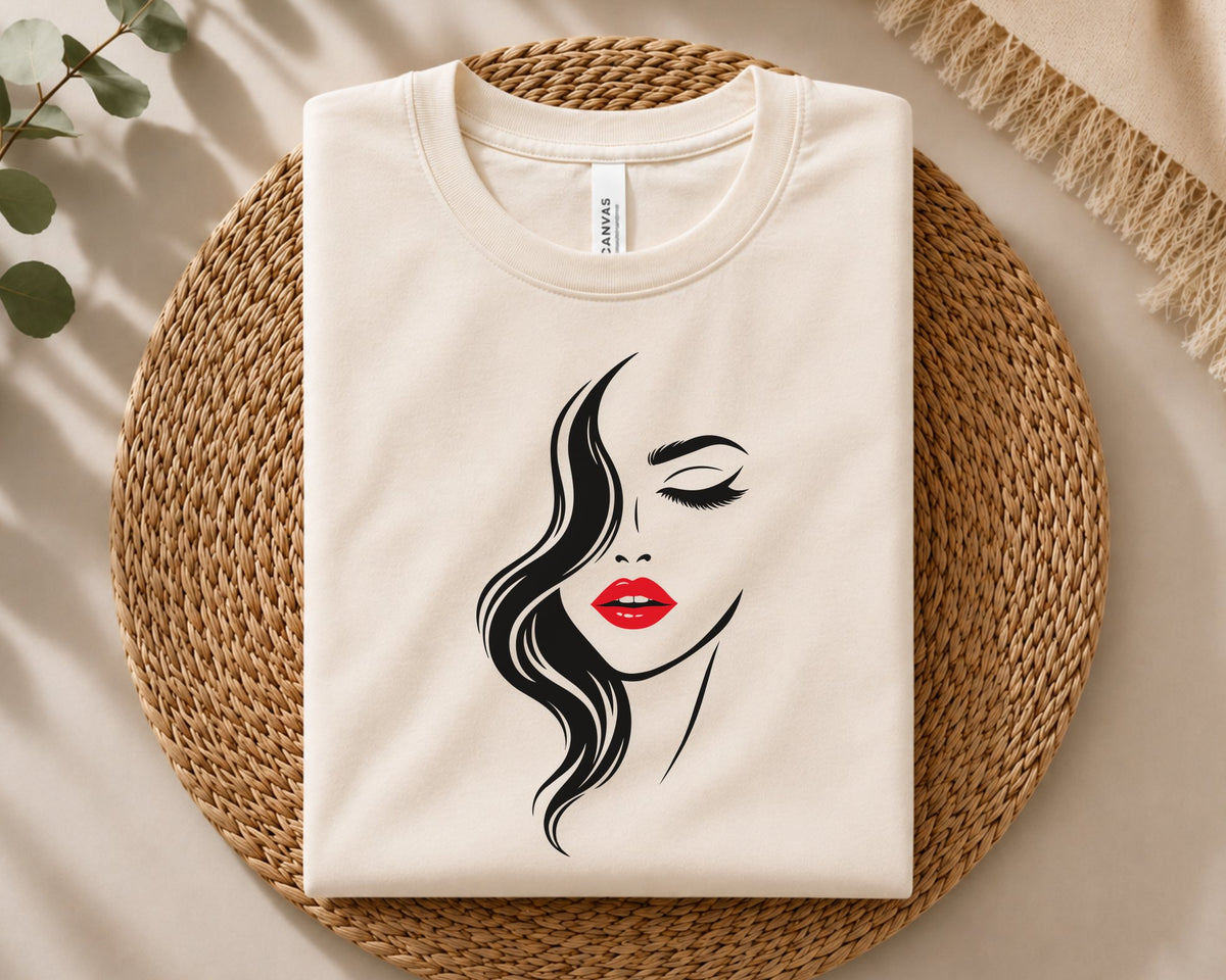 Feminine beauty portrait design, graceful woman silhouette with long hair, lashes, and red lips, gift makers, decals, apparel, decor, and DIY projects.