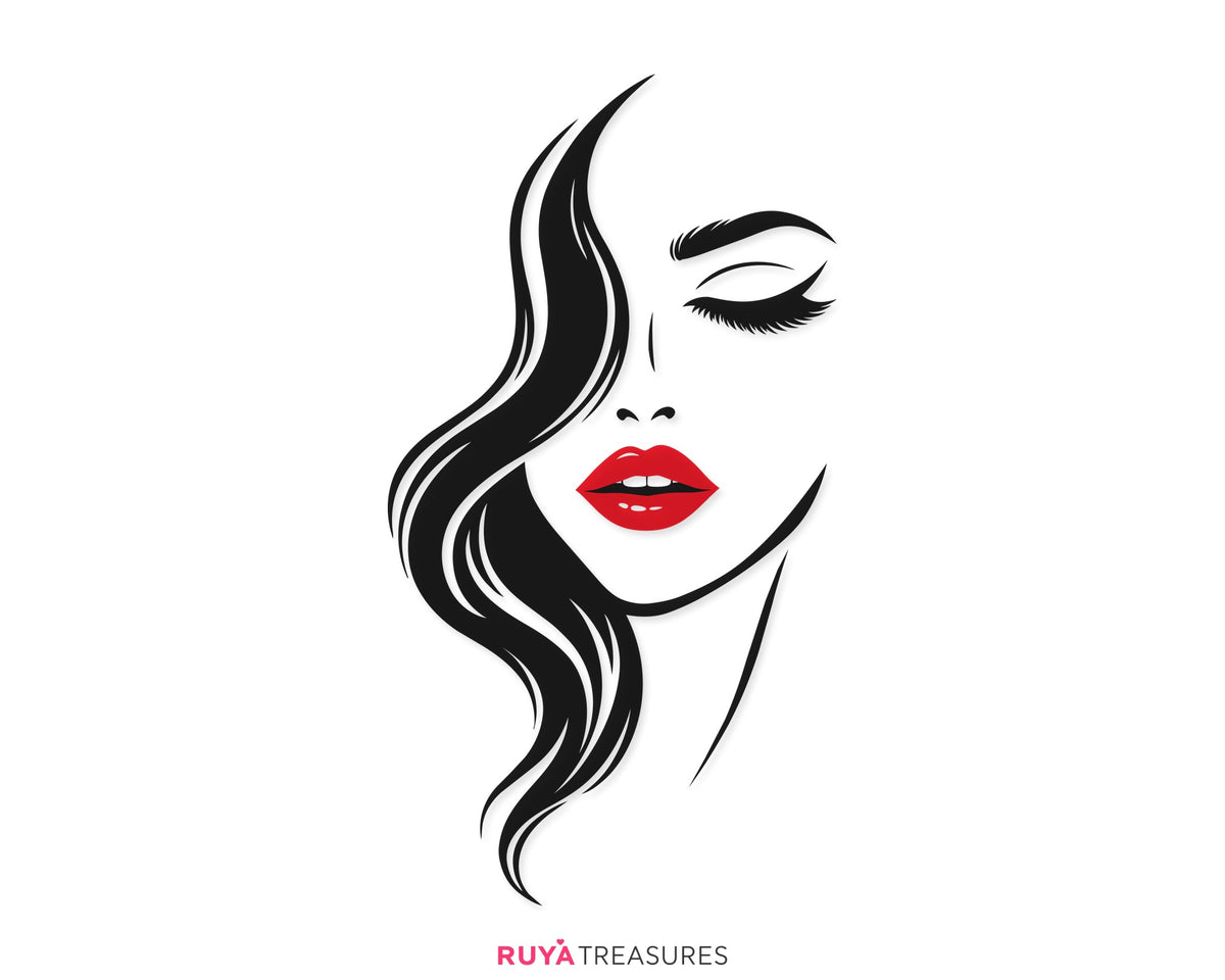 Elegant woman face SVG, black flowing hair framing a feminine portrait with closed eyes and bold red lips, women, shirts, wall art, and beauty crafts.