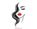 Elegant woman face SVG, black flowing hair framing a feminine portrait with closed eyes and bold red lips, women, shirts, wall art, and beauty crafts.