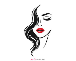 Elegant woman face SVG, black flowing hair framing a feminine portrait with closed eyes and bold red lips, women, shirts, wall art, and beauty crafts.