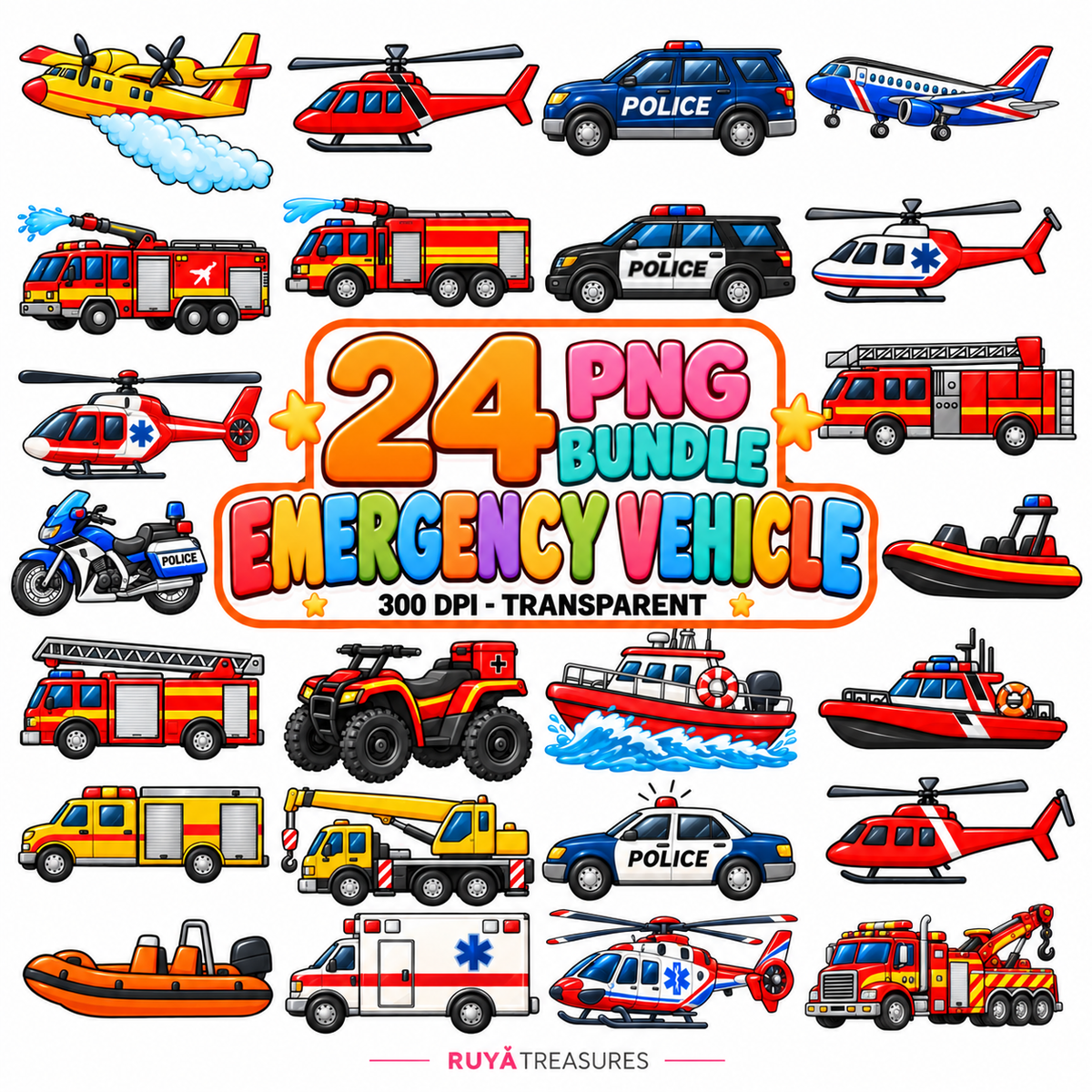 Emergency Vehicle PNG Bundle featuring colorful police cars, fire trucks, ambulances, rescue helicopters, boats, aircraft, motorcycles, and response vehicles.
