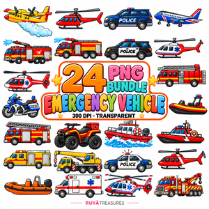 Emergency Vehicle PNG Bundle featuring colorful police cars, fire trucks, ambulances, rescue helicopters, boats, aircraft, motorcycles, and response vehicles.