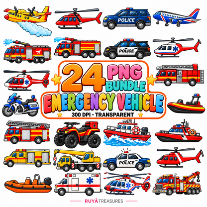 Emergency Vehicle PNG Bundle featuring colorful police cars, fire trucks, ambulances, rescue helicopters, boats, aircraft, motorcycles, and response vehicles.