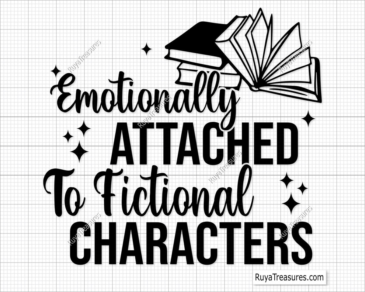 SVG file with the phrase 'Emotionally Attached to Fictional Characters' accompanied by an image of an open book and a graduation cap.