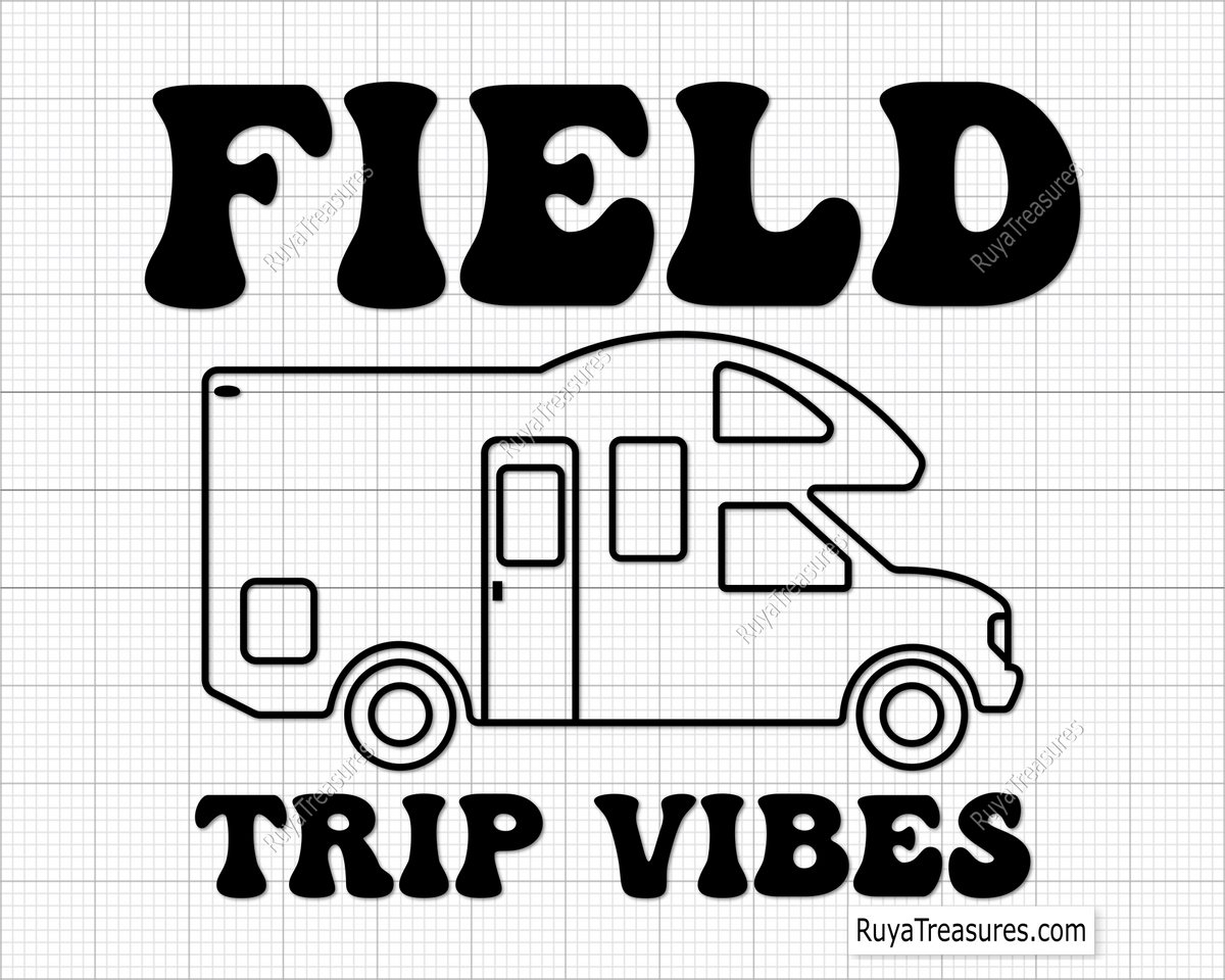 A black and white design for a field trip themed SVG file, depicting a school bus and the text 'FIELD TRIP VIBES'.