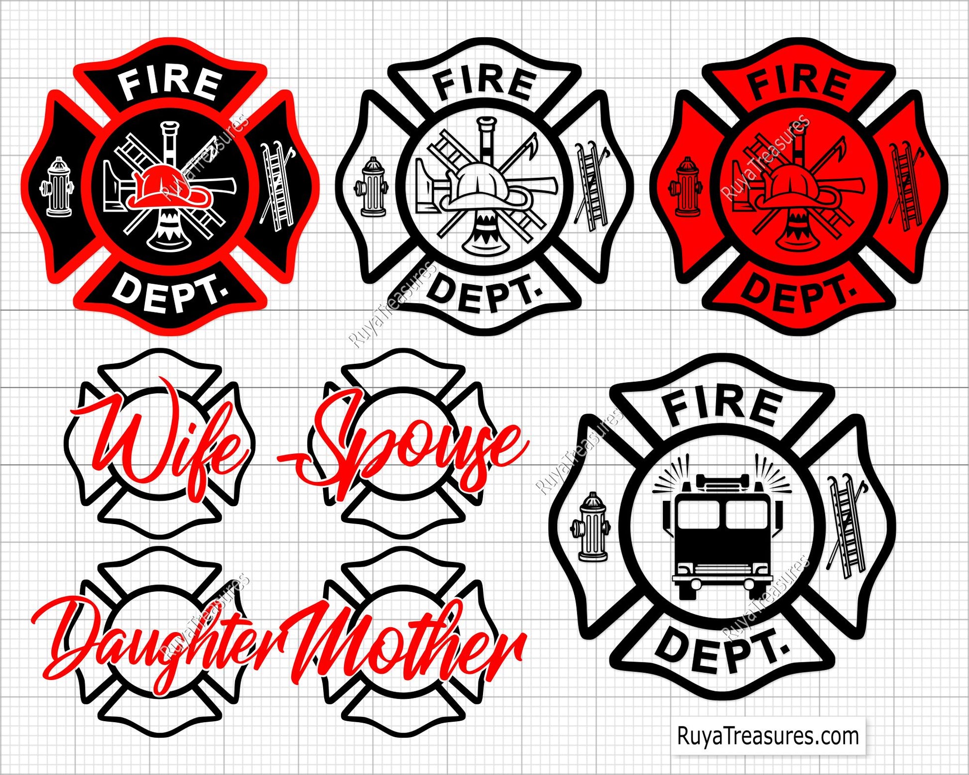 fire dept badge svg bundle with firefighter family designs wife spouse mother daughter maltese cross for shirts decals gifts