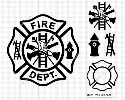 fire dept badge bundle svg firefighter maltese cross set with tools hydrant ladder for shirts decals engraving and custom projects