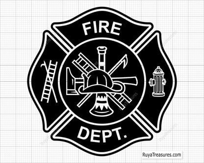 fire dept badge svg white version firefighter maltese cross design for dark shirts decals engraving and custom projects