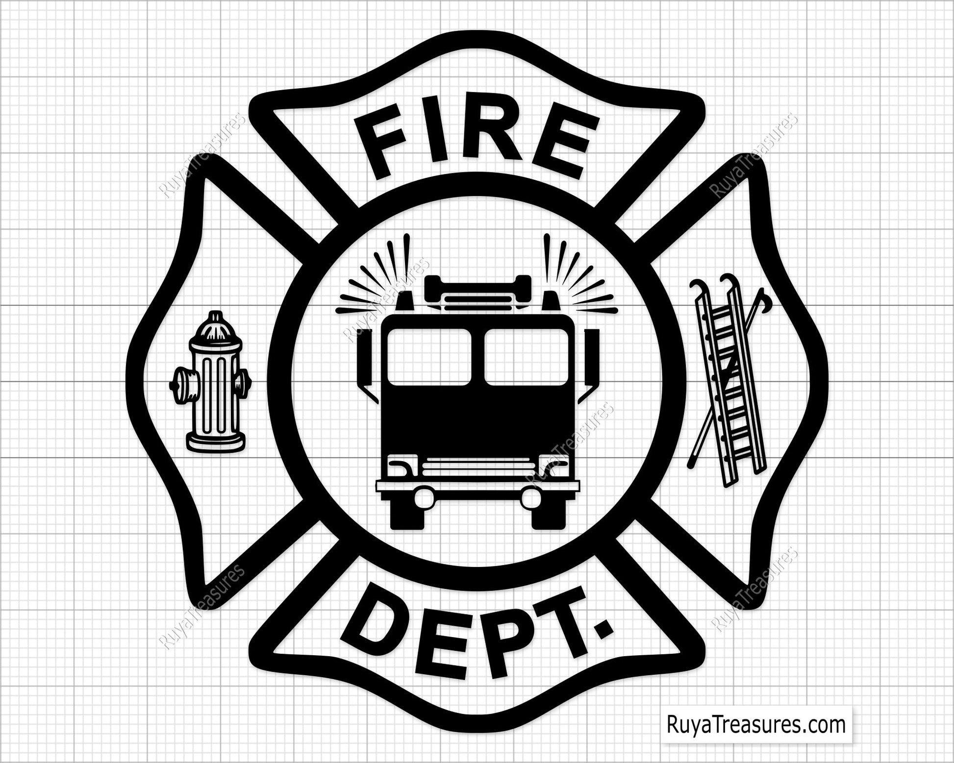 Free Fire Dept Truck Svg Png, Firefighter Maltese Cross With Fire Truck Design