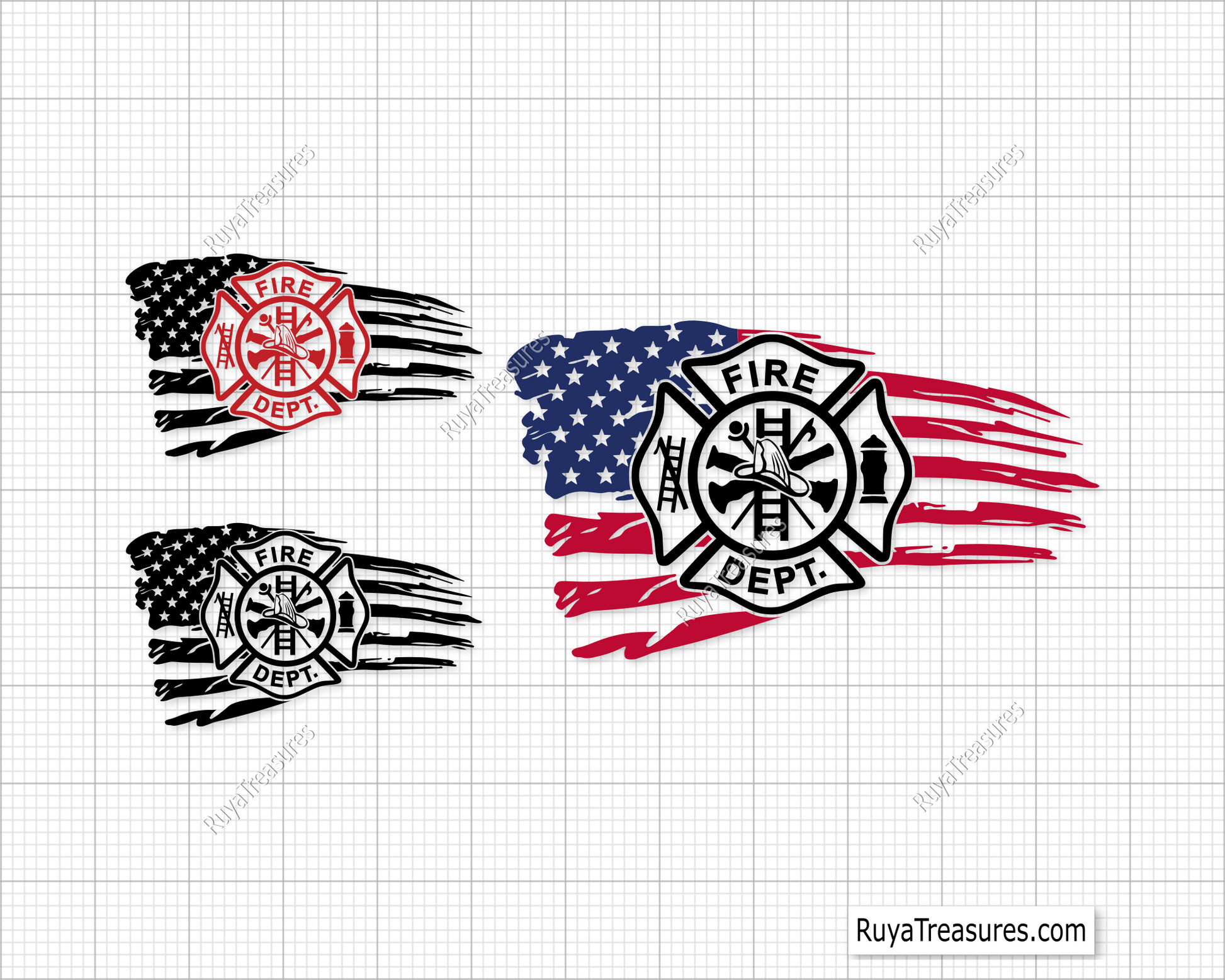 Fire department badge emblem with red outline over black brush USA flag design for firefighter apparel decals and patriotic projects