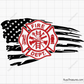 Fire department badge emblem with red outline over black brush USA flag design for firefighter apparel decals and patriotic projects