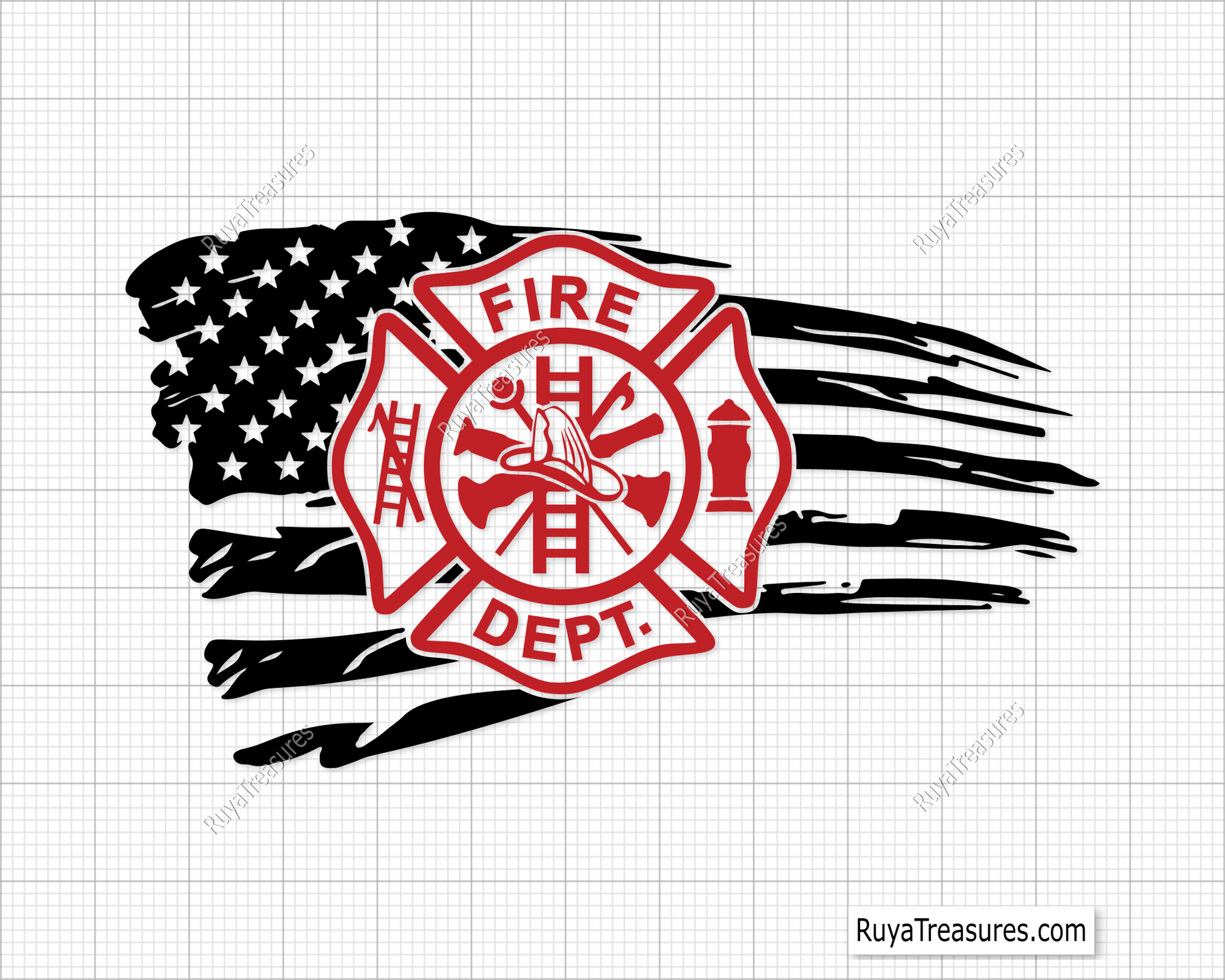 Fire department badge emblem with red outline over black brush USA flag design for firefighter apparel decals and patriotic projects