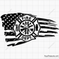 Fire department badge emblem outline over black brush USA flag design for firefighter apparel decals and patriotic projects