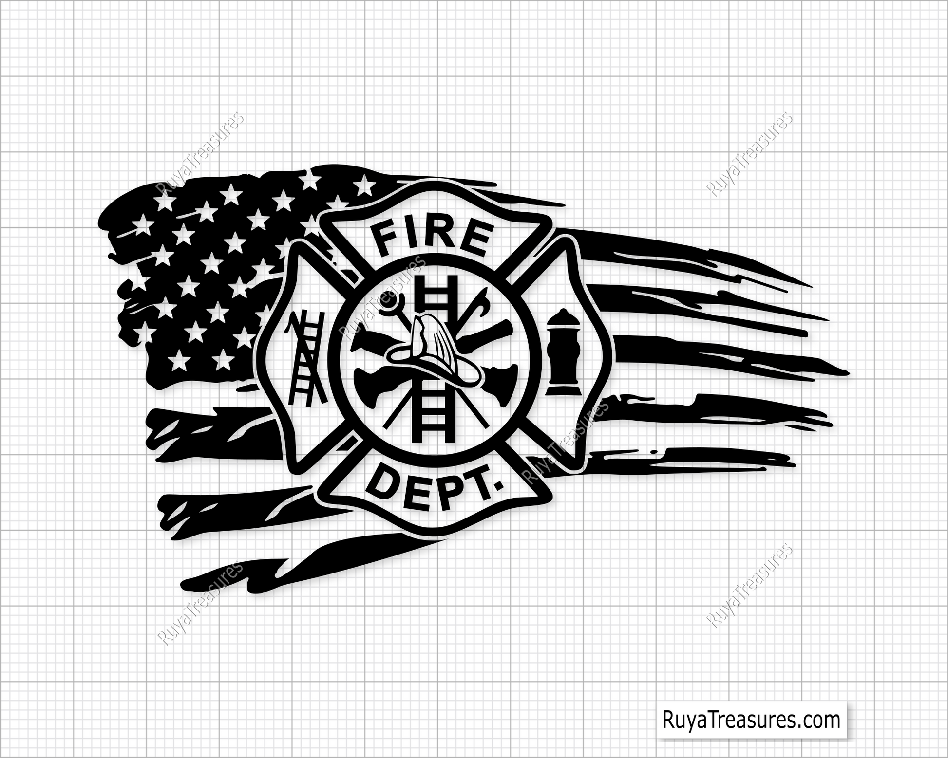 Fire department badge emblem outline over black brush USA flag design for firefighter apparel decals and patriotic projects
