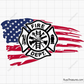 Fire department badge emblem with red outline over black brush USA flag design for firefighter apparel decals and patriotic projects