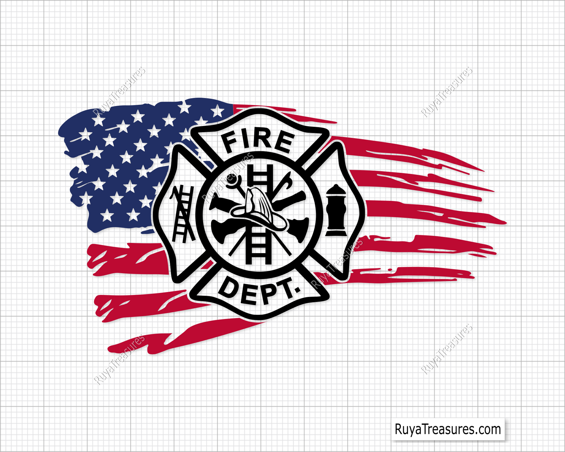 Fire department badge emblem with red outline over black brush USA flag design for firefighter apparel decals and patriotic projects