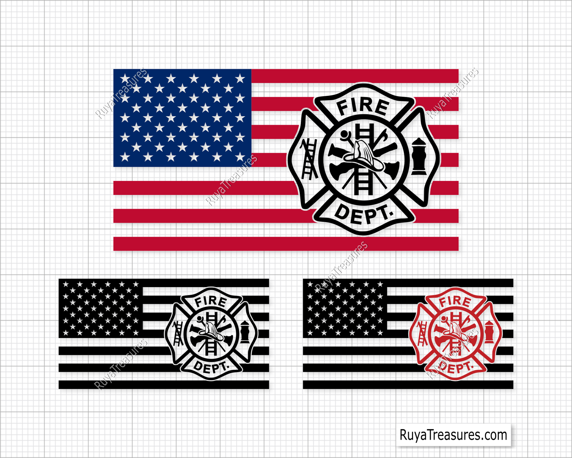 Fire department badge emblem over USA flag in full color black and red variations for apparel decals and firefighter designs