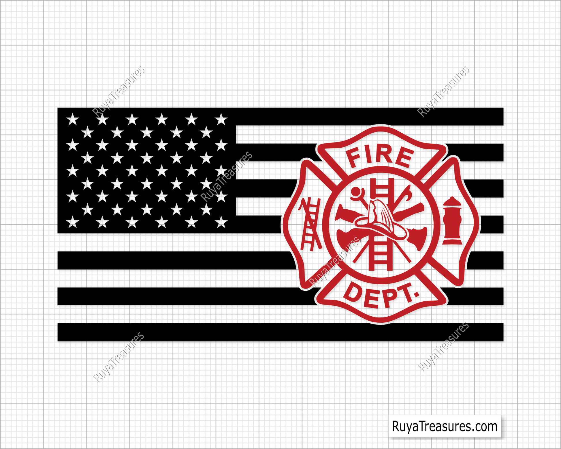 Fire department badge emblem over USA flag in full color black and red variations for apparel decals and firefighter designs