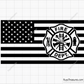 Fire department badge emblem over USA flag in full color black and red variations for apparel decals and firefighter designs