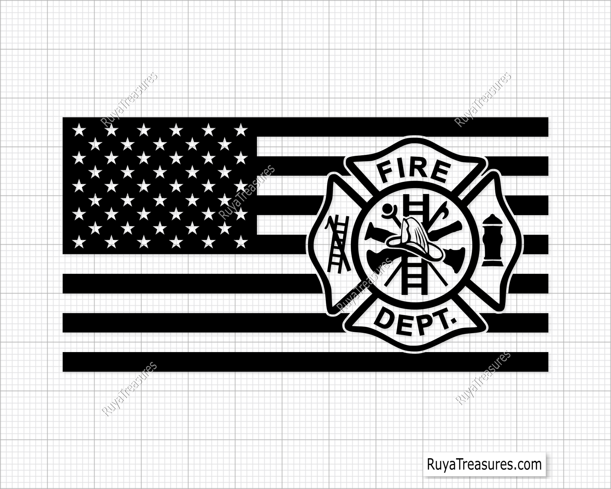 Fire department badge emblem over USA flag in full color black and red variations for apparel decals and firefighter designs