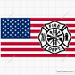 Fire department badge emblem over USA flag in full color black and red variations for apparel decals and firefighter designs