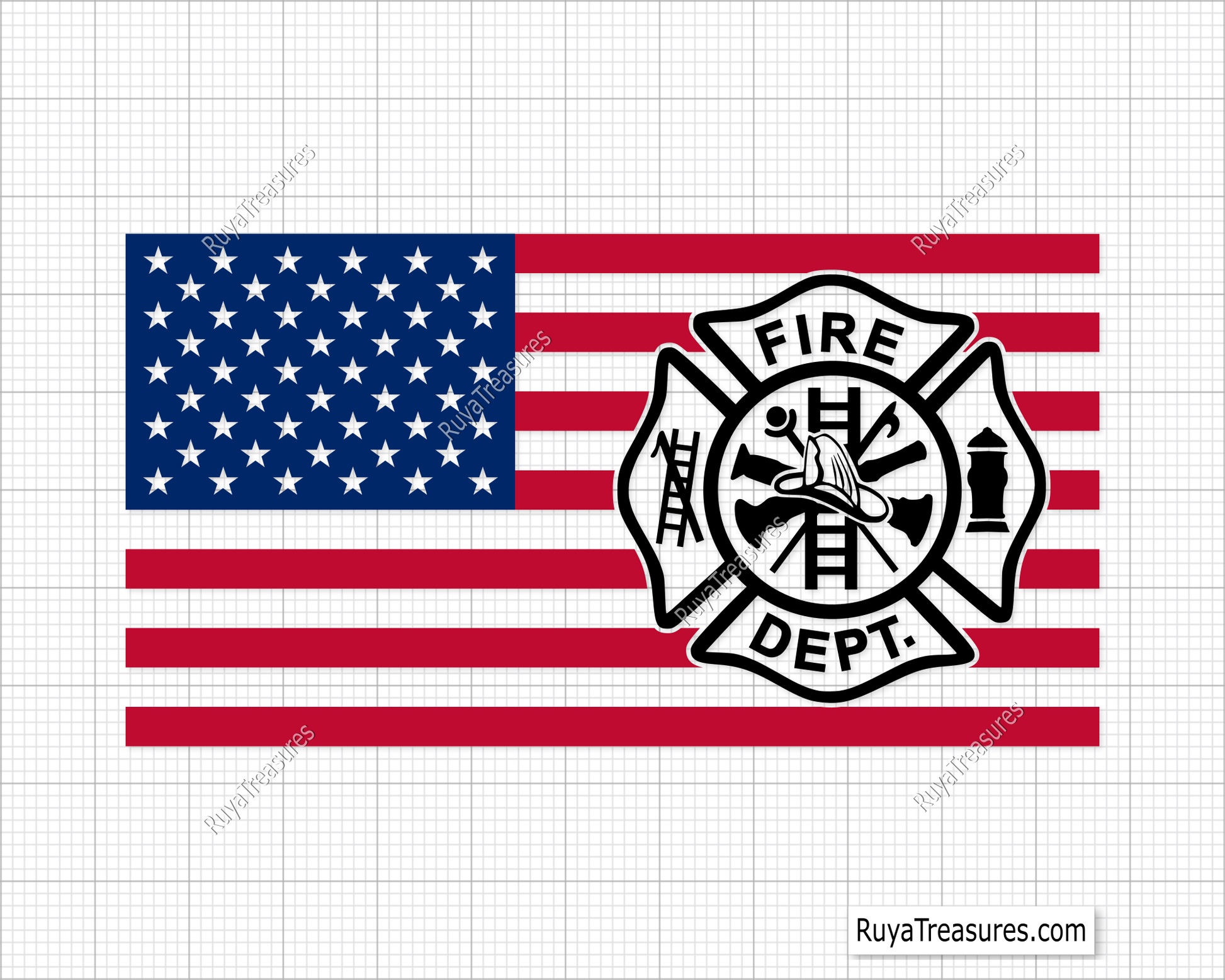 Fire department badge emblem over USA flag in full color black and red variations for apparel decals and firefighter designs
