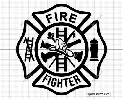 fire fighter emblem badge svg maltese cross firefighter design with tools for shirts decals engraving and custom projects