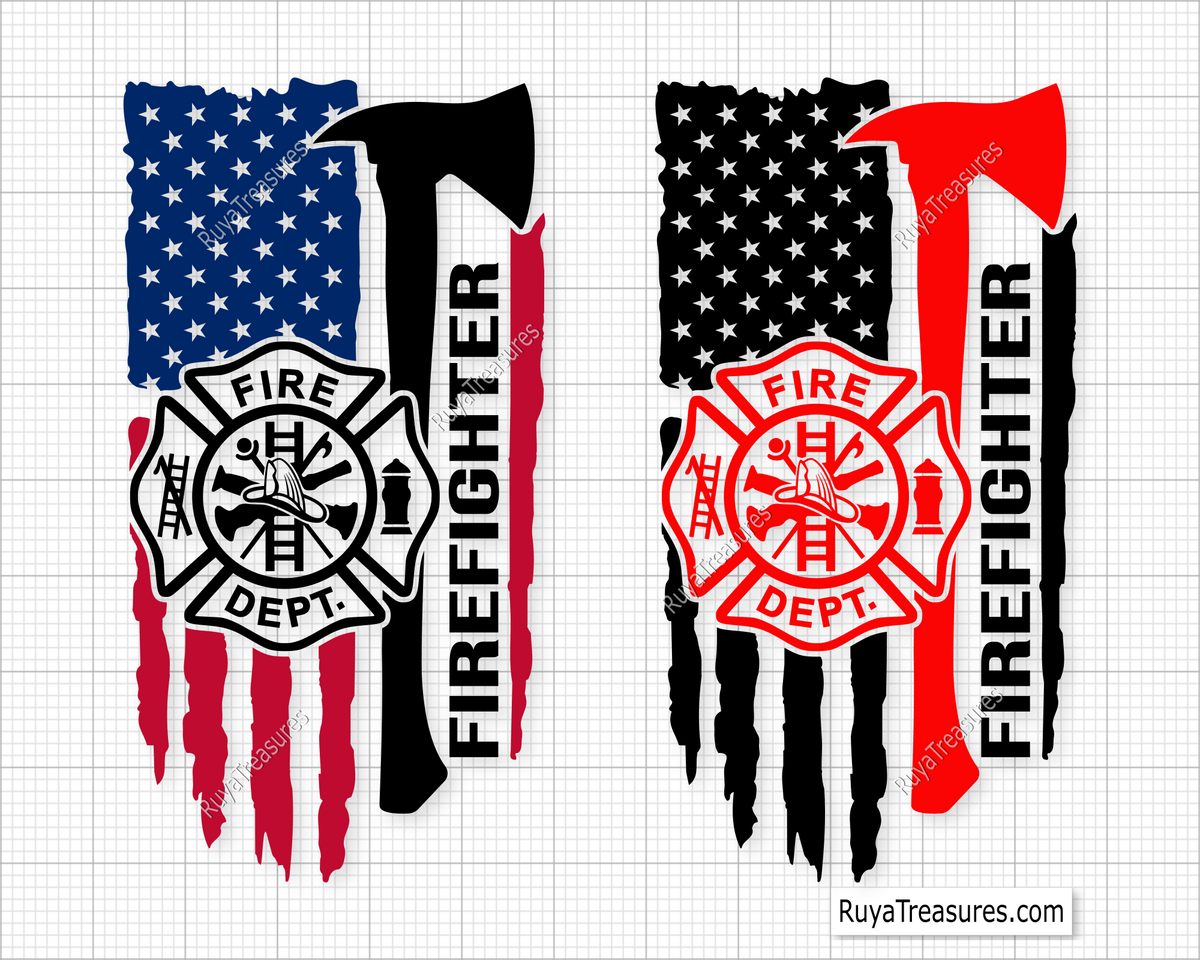 firefighter Fire Dept usa flag with axe and fire dept emblem design for shirts decals and gifts