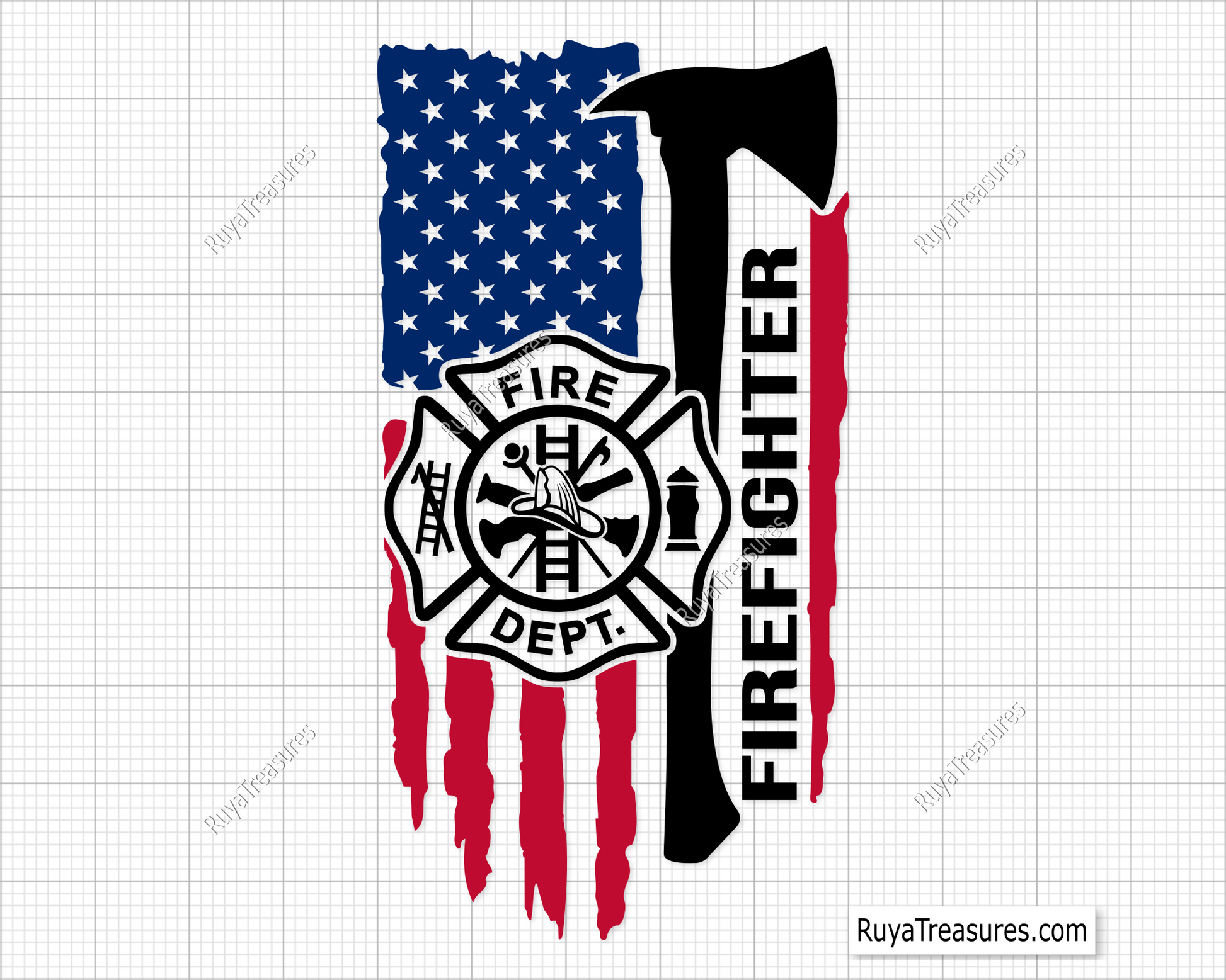 firefighter Fire Dept usa flag with axe and fire dept emblem design for shirts decals and gifts