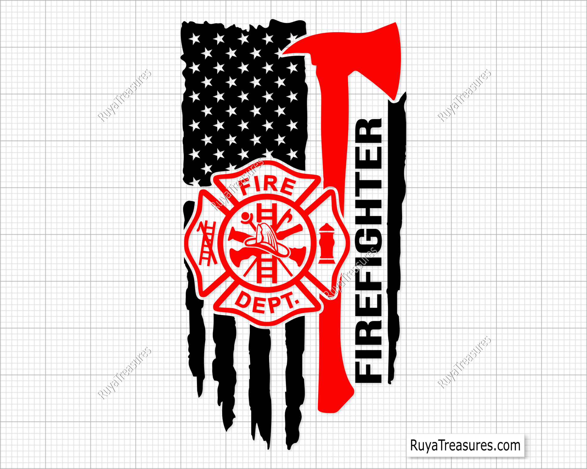 firefighter Fire Dept usa flag with axe and fire dept emblem design for shirts decals and gifts