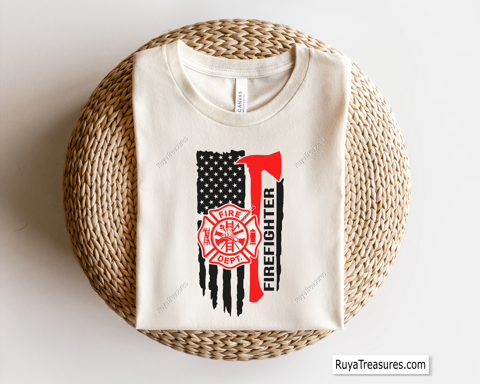 firefighter Fire Dept usa flag with axe and fire dept emblem design for shirts decals and gifts
