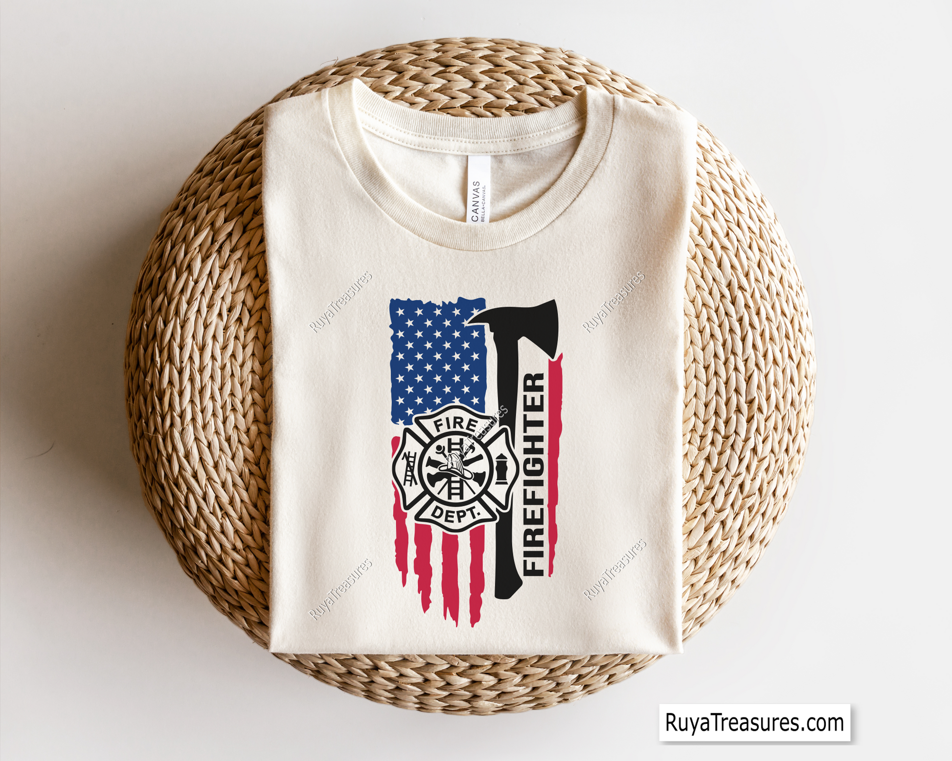 firefighter Fire Dept usa flag with axe and fire dept emblem design for shirts decals and gifts