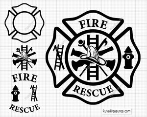 fire rescue maltese cross badge svg firefighter design with tools for shirts decals engraving and custom projects