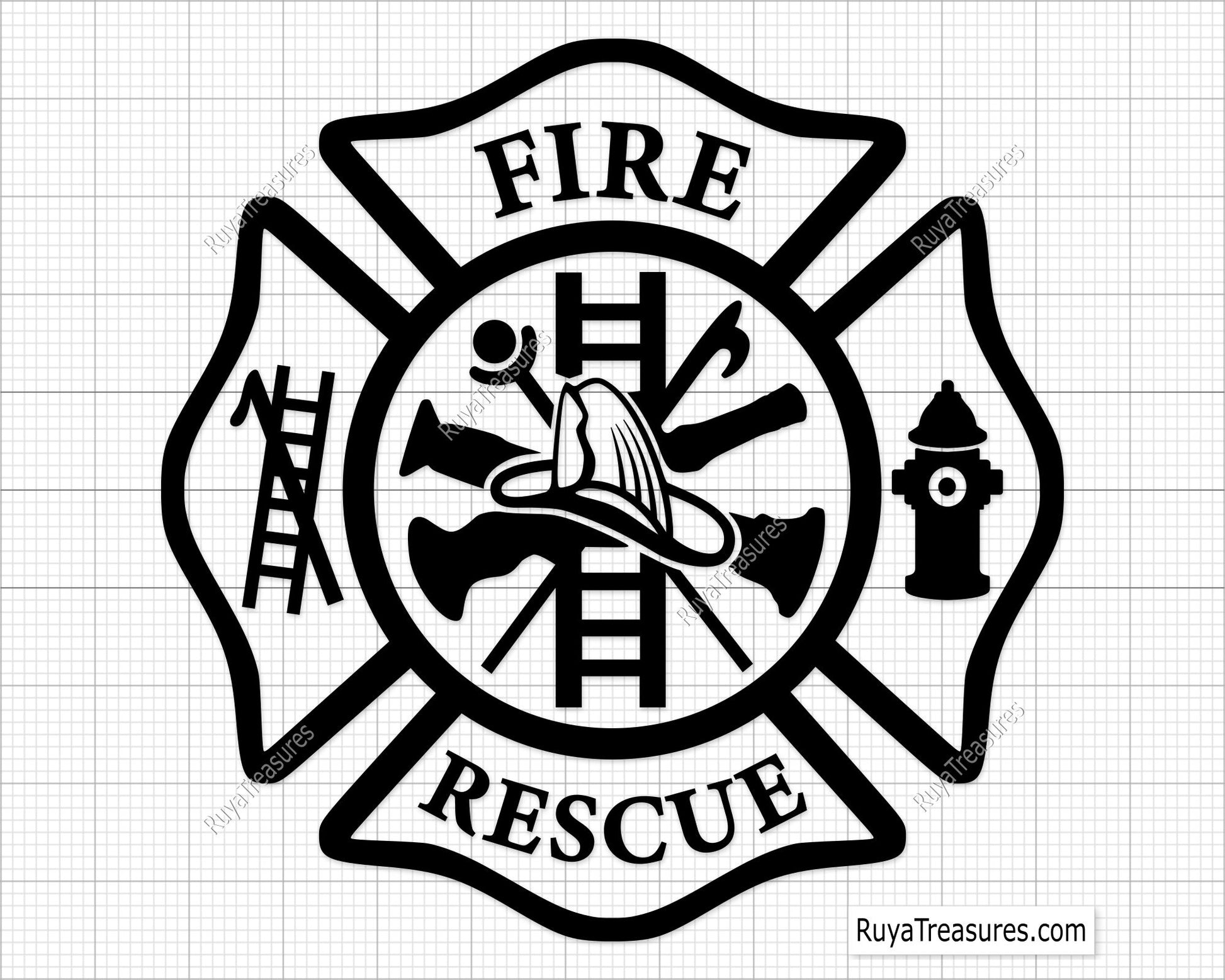 fire rescue maltese cross badge svg firefighter design with tools for shirts decals engraving and custom projects
