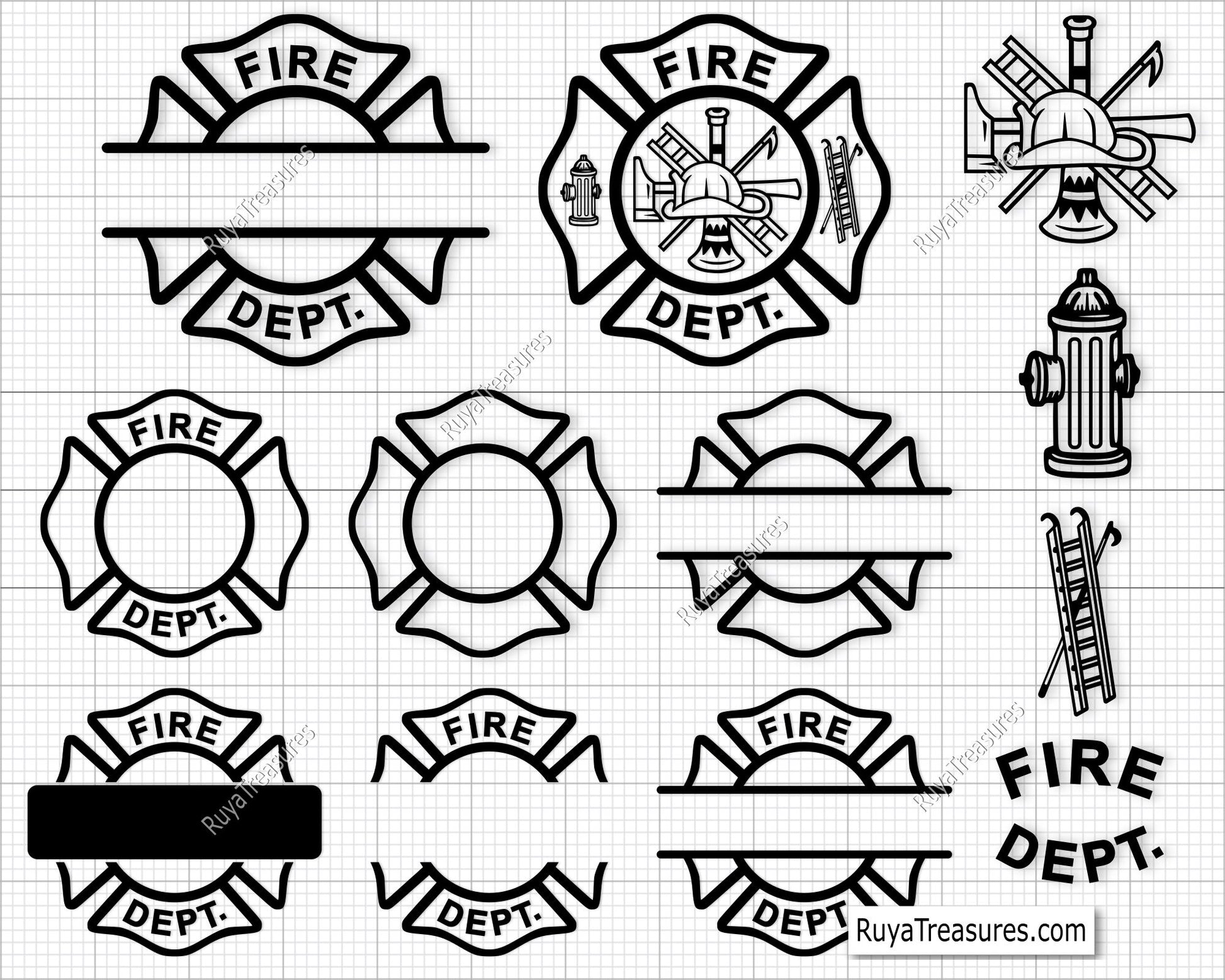 fire dept badge svg with firefighter maltese cross layout for custom designs shirts decals and engraving
