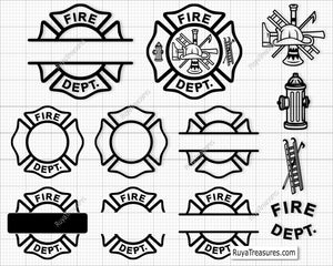 fire dept badge svg with firefighter maltese cross layout for custom designs shirts decals and engraving