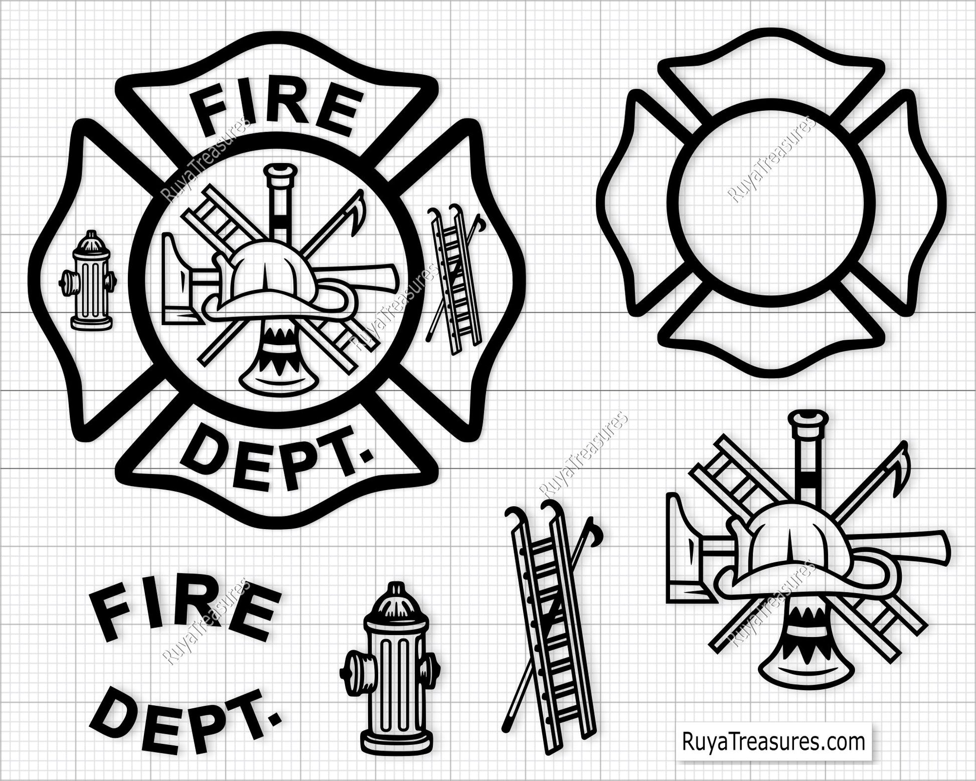 fire dept badge svg with firefighter maltese cross layout for custom designs shirts decals and engraving