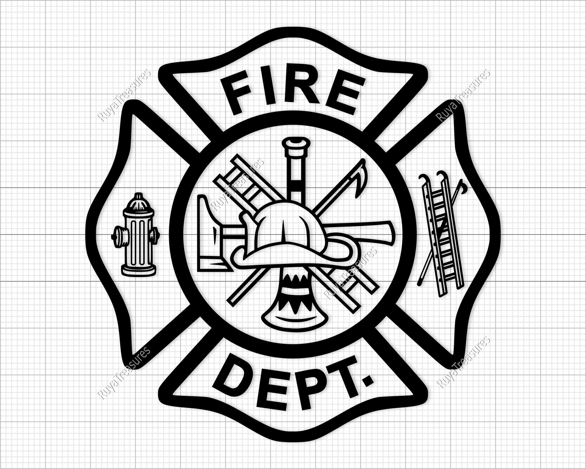 fire dept badge svg with firefighter maltese cross layout for custom designs shirts decals and engraving