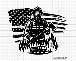 firefighter holding axe with usa flag background flames fire truck and building design for shirts decals and gifts