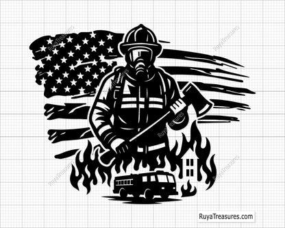 firefighter holding axe with usa flag background flames fire truck and building design for shirts decals and gifts